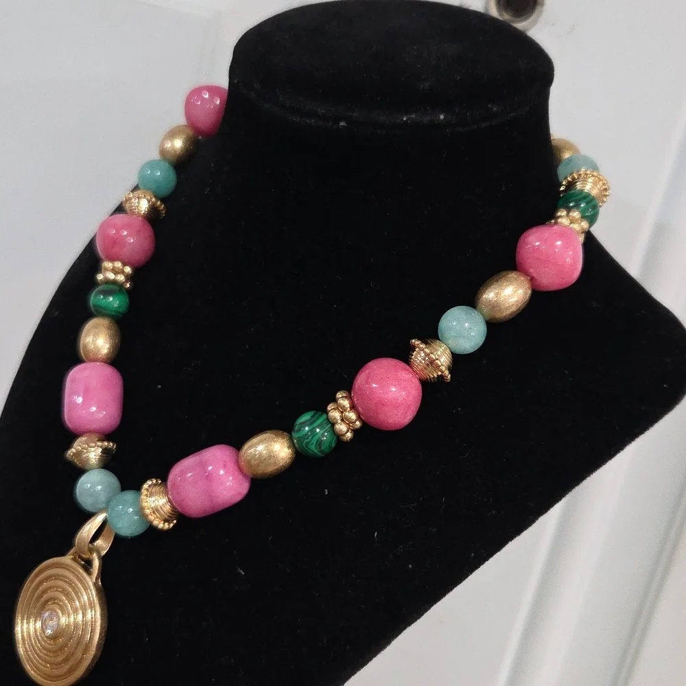 💕▪️ Piper K▪️Pink Marble & Dyed Quartz Malachite Beaded 16in CZ Necklace